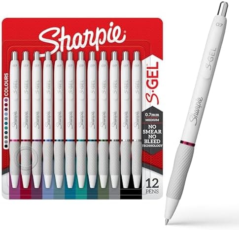 Sharpie S-Gel Pens, Fashion Barrel Gel Pens, Pearl White Body, Medium Point (0.7mm), Bold Ink Colors, 12 Count