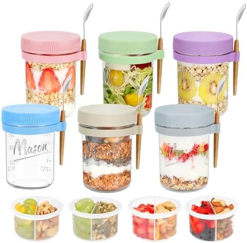 Xyptorix 6 Pack 16oz Glass Overnight Oats Containers with Lids & Spoons