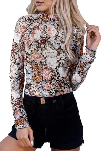 KevaMolly Long Sleeve Mesh Lace Floral Embroidery Blouse Brown Flower XL