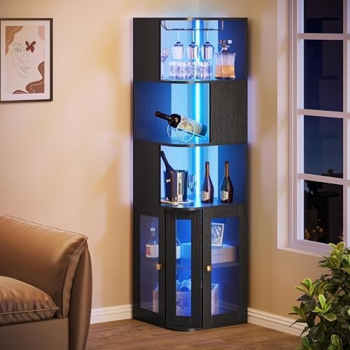 YITAHOME Corner Wine Cabinet with LED Lights & Glass Holder