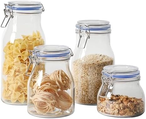 Sur La Table Lyon Court 4-Piece Glass Canister Set with Airtight Trigger Clamp Lids, Clear – 71 oz, 54 oz, 37 oz & 22.5 oz Sizes, Rubber Gasket Seal, Dishwasher Safe Food Storage Jars