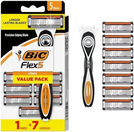 BIC Flex 5 Men's Refillable 5-Blade Razors with 1 Handle and 7 Cartridges, Smooth Shave Gift for Men
