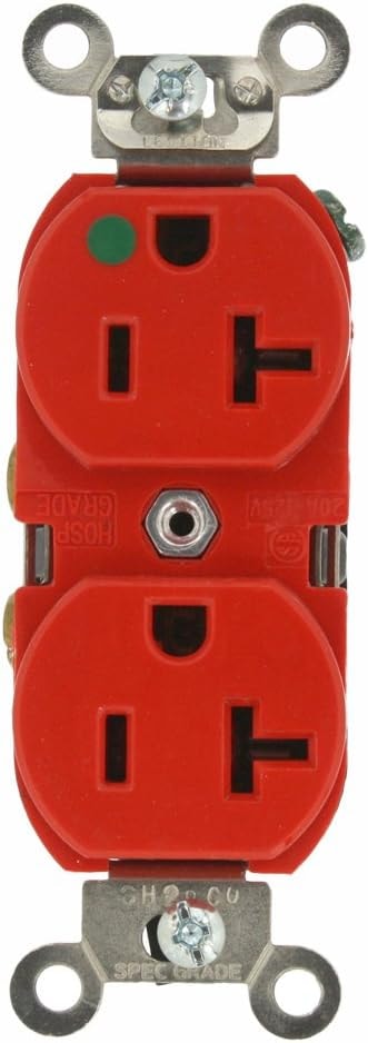 Leviton 20-Amp, 125 Volt, Extra Heavy Duty Duplex Receptacle, Straight Blade, Self Grounding, Illuminated, 8300-HLR, Red