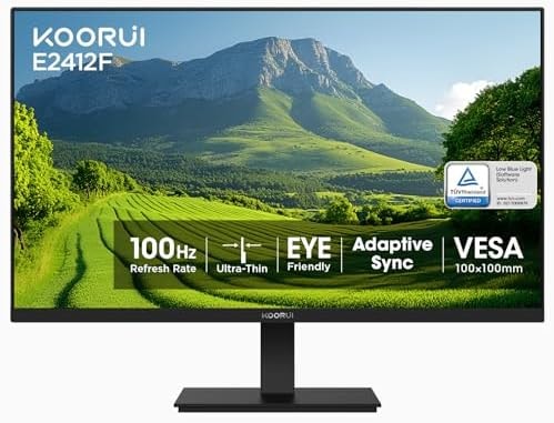 KOORUI 24-inch Computer Monitor Full HD 1920 x 1080p 100Hz VA Display 4000:1 Contrast Ratio with HDMI VGA, TÜV Rheinland Certified, 100 x 100 mm VESA Mountable, Ultra-Slim Design, Tilt, Black, E2412F
