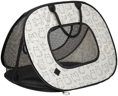 SportPet Designs Pop Open Cat Carrier, Soft-Sided Collapsible Travel Carrier for Cats up to 15 lbs, Lightweight Portable Design with Mesh Ventilation & Secure Zippers, Cat Print