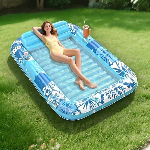 Inflatable Tanning Pool Lounger Float, 85" x 57" Pool Floats Adult with Pillow, 6 in 1 Suntan Tub Raft Floatie, Sunbathing Water Bed Lounge Blow Up Kids Ball Pit Party Gifts-Blue