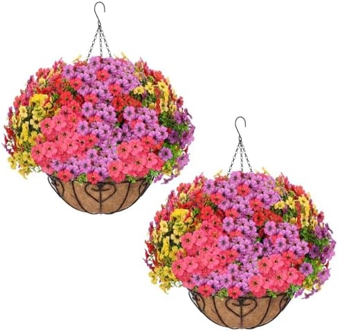 LetuoClips 2 Sets Artificial Hanging Flower for Outdoors, Fake Hanging Basket for Outside,2 Hanging Basket with 26 Pcs Faux Silk Flowers for Porch, Balcony and Patio Decor(Mixed)