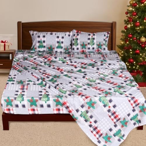 HITIME Queen Size 4-Piece Christmas Sheet Set - Ultra Soft & Breathable Polyester Bed Sheets, All Season Cooling Bedding with Deep Pockets, Wrinkle & Fade Resistant (Christmas Gray Splicing)