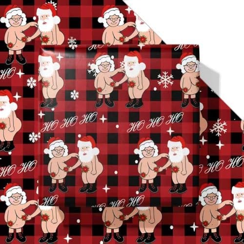 Dtiafu Funny Christmas Wrapping Paper Naughty Santa Gift Wrap Paper Bulk Folded Flat Inappropriate Red Black Plaid Gift Wrapping Paper for Women Men Adult Grandba Grandma Holiday Birthday Baby Shower