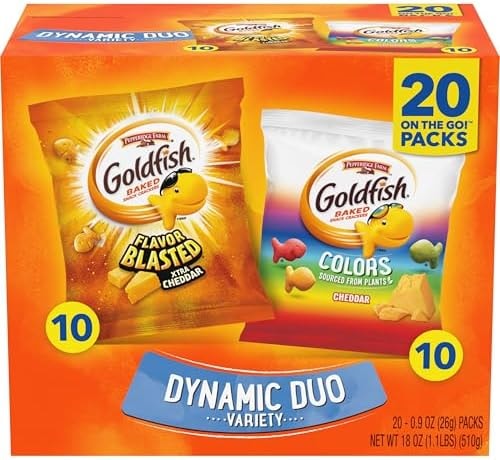Goldfish Dynamic Duo Variety Pack, Colors Cheddar & Flavor Blasted Xtra Cheddar, Snack Packs, 20 Ct