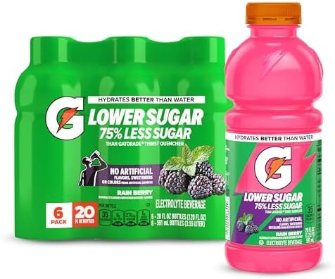 Gatorade Lower Sugar Sports Drink, Rain Berry, 20 fl oz Bottles, (6 Pack)
