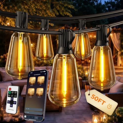 Ecoeve Outdoor String Lights, 50FT Patio Lights for Outside, Smart App & Remote Control with Timer, Dimmable with 4 Scene Modes, Warm White Waterproof LED Bulbs for Garden, Yard and Backyard Decor