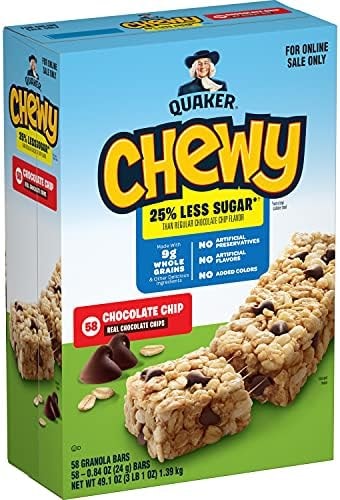 Quaker Chewy Lower Sugar Granola Bars, Chocolate Chip, 58 Count