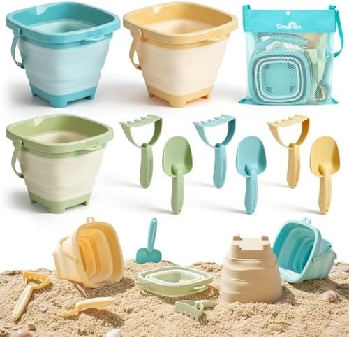 Dreamon Beach Toys, 3 Pack Collapsible Sand Buckets for Kids, Shovels & Rakes Set with Mesh Bag, Kids Beach Essentials Sandcastle Building Kit for Beach Trip Outdoor Play and Summer Fun