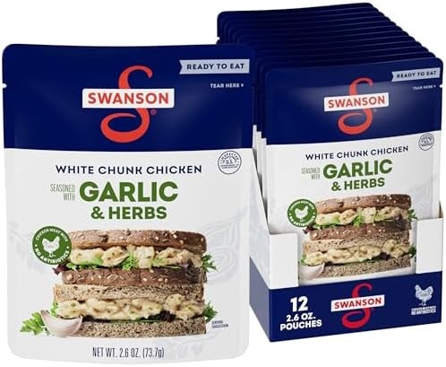 SWANSON S Garlic and Herbs White Chunk Fully Cooked Chicken, Ready to Eat, Simple On-the-Go Meals, 2.6 OZ Pouch (Case of 12)