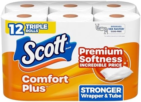 Scott ComfortPlus Toilet Paper, Durable Shipping Pack, 12 Triple Rolls, 231 Sheets per Roll, 1-Ply Toilet Tissue