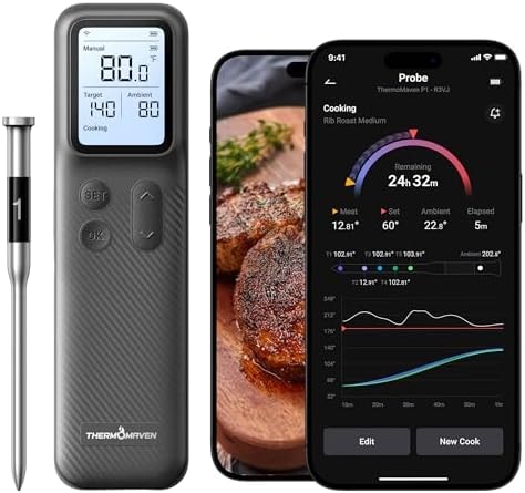 ThermoMaven Smart Bleutooth Wireless Meat Thermometer, Standalone Base, WiFi Unlimited Range, NIST Certified Accuracy, Smart App Alerts for Grill, Oven, Smoker, BBQ, Gray