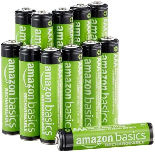 Amazon Basics 12-Pack Rechargeable AAA NiMH Batteries, 800 mAh, 1.2V, Low Self-Discharge, Pre-Charged, Recharge up to 1000x Times