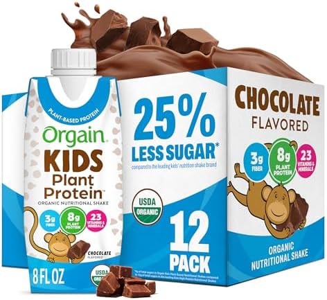 Orgain Organic Kids Nutritional Vegan Protein Shakes, Chocolate - Healthy Kids Snacks, 8g Plant Protein, 23 Vitamins & Minerals, 3g Fiber, No Dairy & Soy, Non-GMO, 8 Fl Oz, 12 Pack, Packaging May Vary