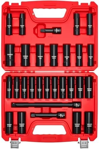 VEVOR 1/2" Drive Impact Socket Set, 29-Piece Deep Sockets Standard SAE (3/8 to 1 inch) and Metric (10 to 24 mm) Size, 6 Point, CR-V Steel, Extension Bars (3", 5", 10")