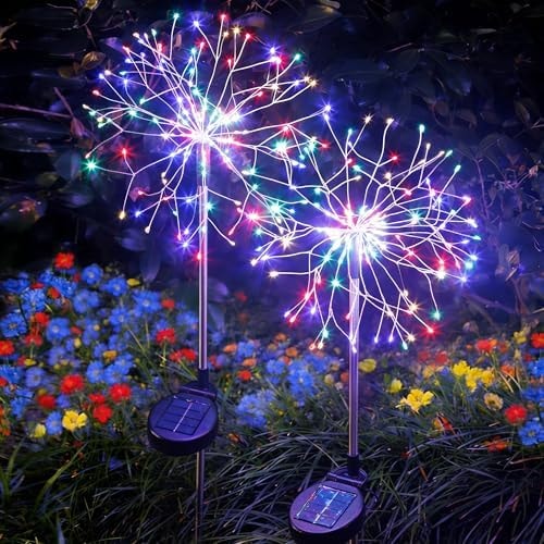 INMKALI Solar Garden Lights Outdoor Yard Decorations, 2 Pack 150Leds Pathway Lights Stake, Fairy Firework Light for Garden, Patio, Pathway, Flowerbed Multicolor