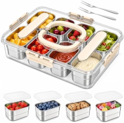 Snackle Box Container, 304 Stainless Steel Snack Box, Snacklebox for Fruit, Snackle Box with Individual Lids and 2 Forks, 8 Compartment Stainless Steel Snack Containers for Party, Beach, Travel