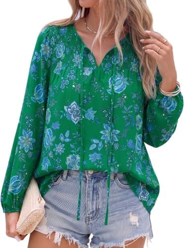 KIRUNDO Boho Tops For Women Trendy 2026 Fall V Neck Floral Peasant Blouse