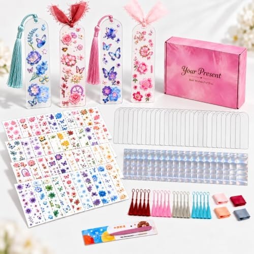 DIY Bookmark Making Kit, 20 Acrylic Blanks with 40 Floral Sticker Sheets