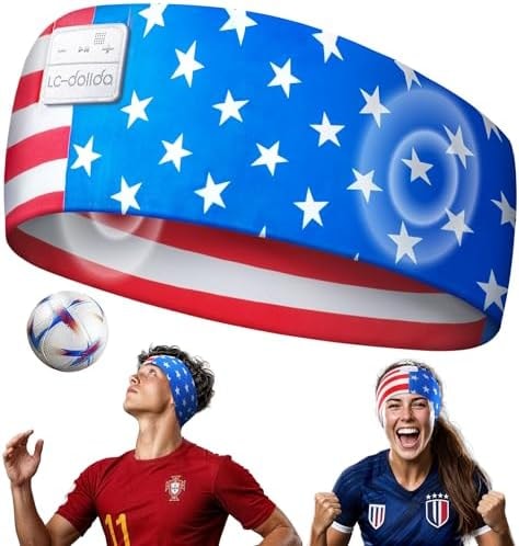 LC-dolida USA Flag Bluetooth Sports Headband, Wireless Sweatproof Headband Headphones for Soccer Fans, Soft Washable Music Headband for Game Day Outdoor Sports Travel Running