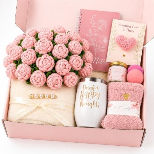 Care Package for Women, Get Well Gift Basket, Flower Bouquet Blanket, Pink