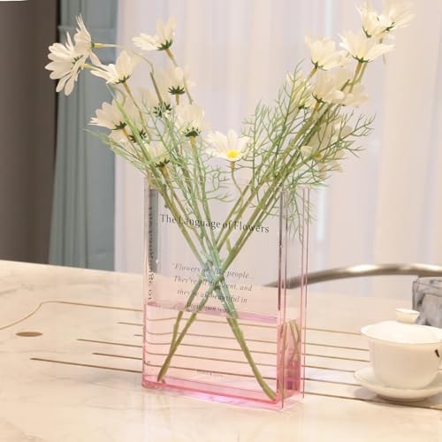Alpharan Pink Book Vase, Acrylic Clear Book-Shaped Flower Vase