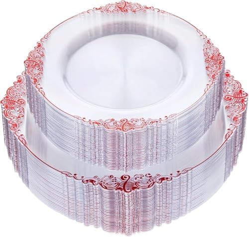 Nervure 100Pcs Clear Red Plastic Plates, Party Plates Set for 50Guests