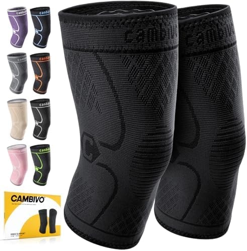 CAMBIVO 2 Pack Knee Braces for Women & Men, Knee Compression Sleeves for Knee Pain Relief, Knee Support with Non-Slip Silicone, Breathable, for Running, Workout, Weightlifting & Daily Use, Arthritis Support (Black, Medium)