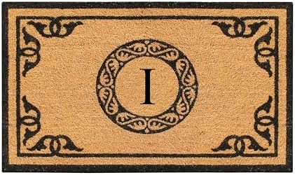 A1HC Natural Coir Monogrammed Doormat for Outside Entrance, Anti-Shed Treated Mats, Heavy Duty Durable EntryMat, Easy to Clean Front Door Mat - I, 24" X 39"