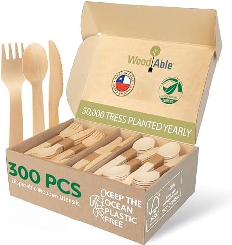 WOODABLE Wooden Cutlery, 300 Pack, 6.5 Inch, Bamboo Utensils Alternative