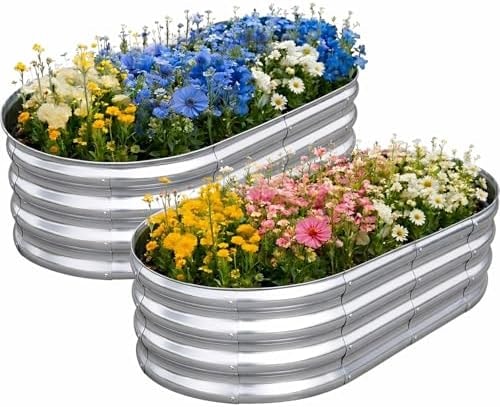TATAANTY Galvanized Raised Garden Bed for Outdoor: 4X2X1ft Durable Metal Vegetable Plant Container Kit - Oval Planter Box for Gardening Flower Trough (2 Pack)