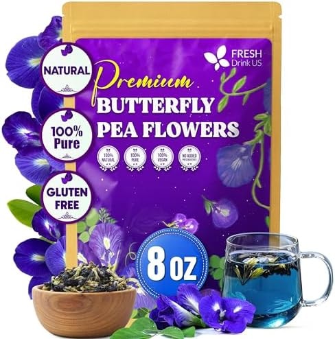 FreshDrinkUS, Premium 8oz Butterfly Pea Flowers, 100% Natural & Pure from Whole Butterfly Pea Flowers Leaves, Wildcrafted, Blue Butterfly Pea Flowers Loose Leaf Herbal Tea, No Gluten, Vegan