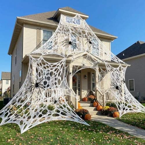 1000 Sqft(After Streched with Holes)Uncut Giant DIY Spider Web Halloween Decorations Outdoor with 10 Ground Nails Stretchy Beef Cloth Netting Cut-Your-Own Flexible Elastic for Yard Party Decor