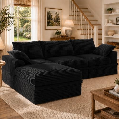 Upgraded Boneless Couch, Sectional Couches for Living Room, L-Shaped Modular Cloud Corduroy Sofa with Ottoman Chaise & Pillows, Oversized Deep Seat Memory Foam Couch, No Assembly(Black, 107" L)