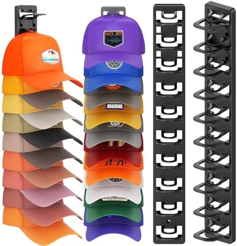 HeQe Hat Organizer for Baseball Caps 2 Pack, Hat Rack for Wall, Hat Storage, Hat Holder with Strong Adhesive and Screws (Black)