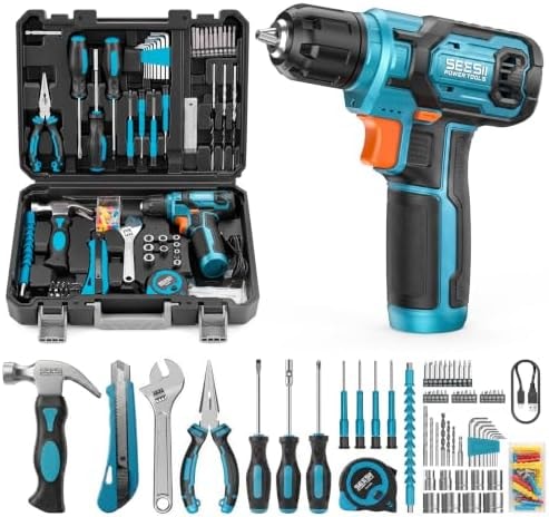 Seesii Cordless Drill Set, 108 Pcs Home Tool Kit, 12Nm Torque & Battery