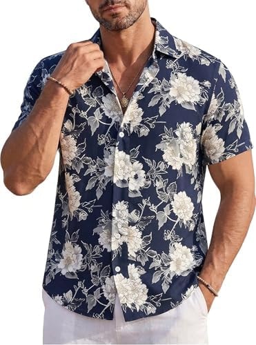 GIANZEN Hawaiian Shirt for Mens Short Sleeve Beach Button Down Tropical Summer Vacation Funny Floral Stylish Aloha Clothes Navy Peony Size S