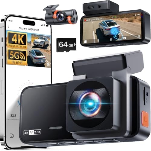 Winail Dash Cam Front and Rear: 4K+2.5K Dash Camera for Cars Free 64GB Card