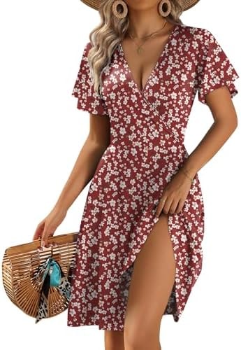 Zeago Dresses for Women 2026 V Neck Wrap Sun Dress Floral Summer Spring Beach Dress Casual A-Line Midi Sundress with Pockets