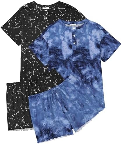 Ekouaer 2 Pack Womens Pajama Sets Short Sleeve Sleepwear Top with Shorts Pjs Soft Comfy Loungewear S