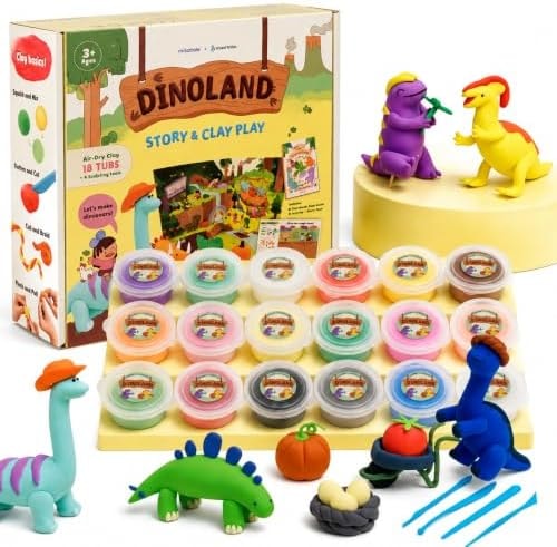 CMTOOP Air Dry Clay Kit, Dinosaur Story Theme Modeling Clay for Kids, 18 Tubs Soft Magic Molding Air Clay with Sculpting Tools, Non-Toxic & Mess-Free, DIY Arts and Crafts Gifts for Boys and Girls