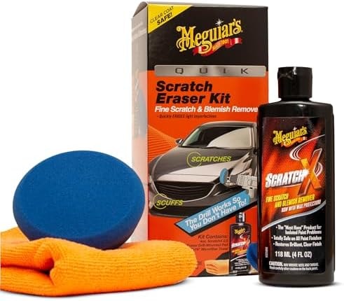 Meguiar's Quik Eraser Kit, Car Scratch Remover for Repairing Surface Blemishes, Car Scratch Repair Kit with ScratchX, Drill-Mounted Pad, and Microfiber Towel, 3 Count