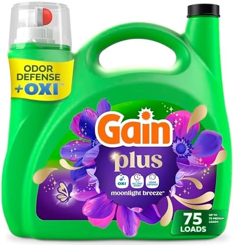 Gain Plus Liquid Laundry Detergent, Cleaner, Fresher, Now with Oxi, Moonlight Breeze Scent, 99 fl oz, 75 Loads