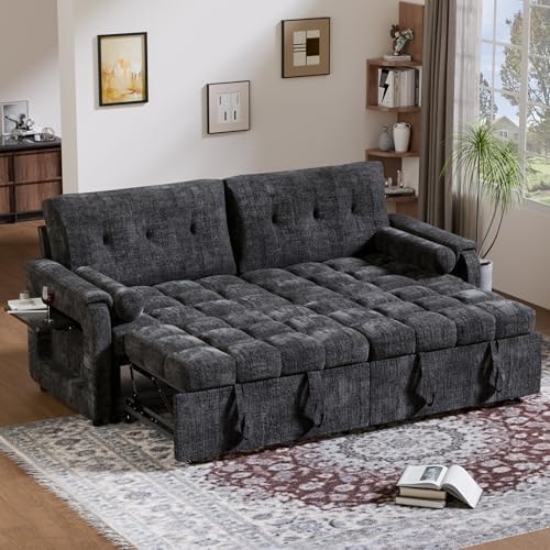 Trygoal 86'' Sleeper Sofa Bed with Side Table & Adjustable Backrest, Black