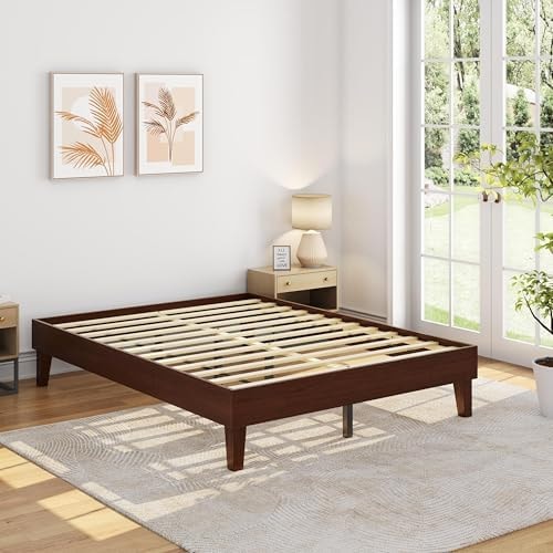 Yaheetech Queen Size Solid Wood Platform Bed Frame Low-Profile Dark Walnut
